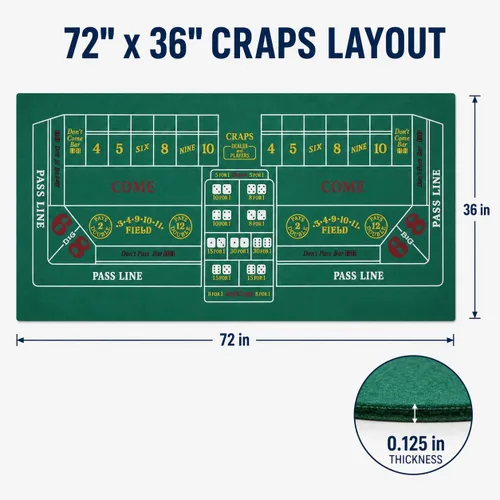 Vista 4 de CHH 72 x 36 pulgadas Reversible Craps and Blackjack Mesa Layout, 2-en-1 Casino Game Layout con Blackjack en un lado y Craps en el otro