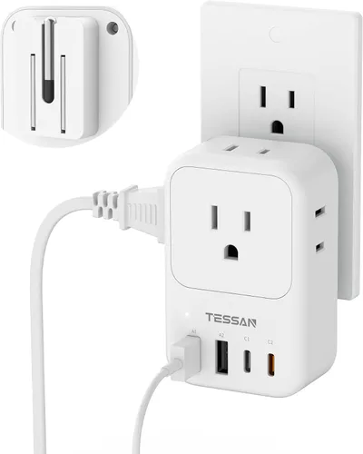 Vista 9 de TESSAN Bloque de cargador USB C de 20 W PD, adaptador de carga rápida con enchufe plegable, extensor de toma de corriente de 1875 W (4 CA y 4 USB)