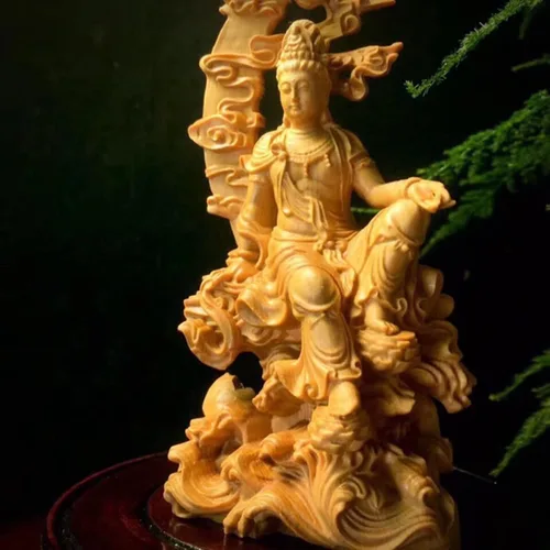 Vista 6 de Estatua de kuanyin de Feng Shui, estatua de boj quanyin, decoración de estante de escritorio, obra de arte tallada a mano para decoración de oficina