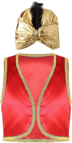 Vista 3 de dPois Disfraz de príncipe árabe vintage para niños, chaleco dorado y sombrero con frente abierto, disfraz de Halloween