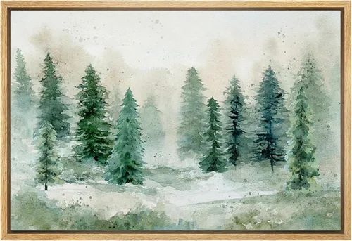 Vista 18 de wall26 Lienzo enmarcado de arte de pared, acuarela en tonos pastel, pino, árbol, bosque, lago, naturaleza, ilustraciones de área silvestre, arte