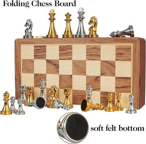 Vista 5 de BIVOMON Juego de ajedrez de metal para adultos y niños, tablero de ajedrez de madera plegable de 12 pulgadas con piezas de ajedrez de metal, juego