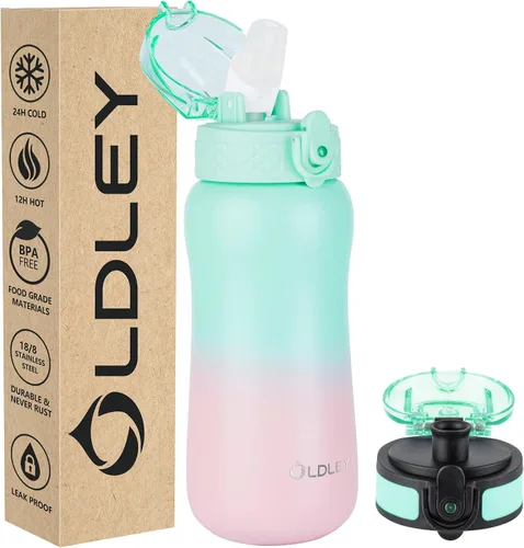 Vista 15 de Botella de agua aislada Oldley de 12 oz con pajita, botella de agua de acero inoxidable con 2 tapas, botellas de doble pared con vacío para adultos