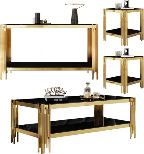 Vista 10 de SSLine Mesa de centro de cristal negro con marco de acero inoxidable dorado, mesa de centro rectangular de lujo de 2 niveles para sala de estar Café