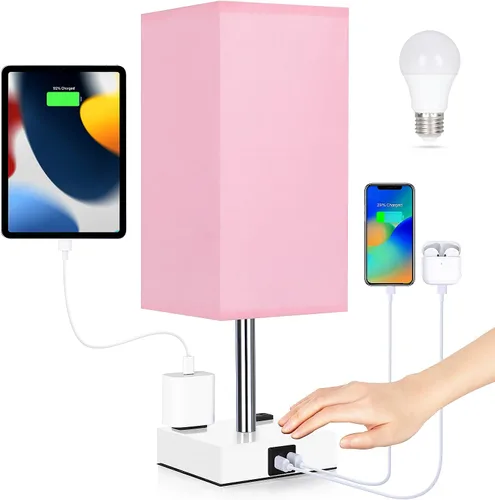 Vista 16 de Lámpara de noche con puertos USB - Lámpara de mesa de control táctil para dormitorio con puertos de carga USB C + A y salidas de AC, lámpara