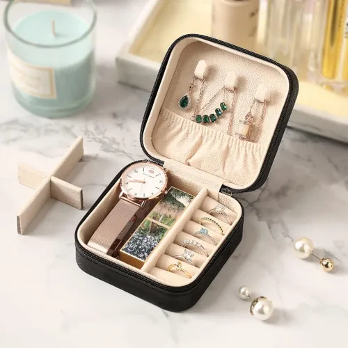 Vista 4 de Joyero de viaje, mini cajas de viaje portátiles para joyas, pequeño organizador de joyas para anillos, aretes, colgantes, relojes, collares, lápices