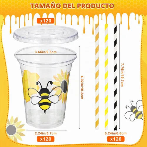 Vista 2 de Sliner 120 vasos de decoración de fiesta de abeja de miel, vasos de plástico desechables transparentes de 12 onzas, vasos de plástico para el primer