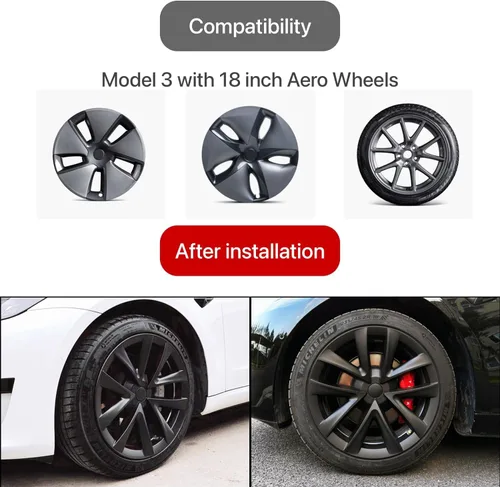 Vista 4 de KAVANIC 4 piezas de tapacubos para Tesla Model 3, cubiertas de rueda de 18 pulgadas, tapa de rueda mate negra con logotipo de estilo arácnido