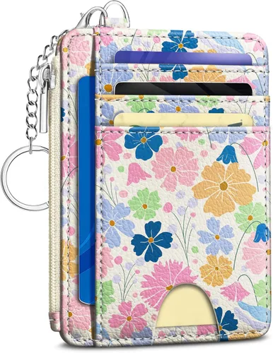 Vista 15 de Kelvoris Tarjetero pequeño para mujer, cartera delgada con bloqueo RFID, llavero con bolsillo para monedas con cremallera, bolsillo frontal