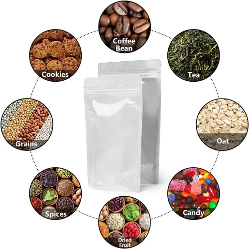 Vista 6 de 100 bolsas de Mylar resellables con ventana frontal transparente, embalaje comestible a prueba de olores, bolsas verticales para almacenamiento