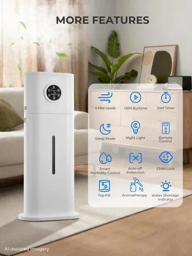 Vista 6 de Humidificador para habitación grande, 12L/3.17 galones de llenado superior de niebla fría humidificadores silenciosos ultrasónicos para bebés