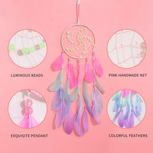 Vista 3 de Atrapasueños luminosos para niñas, decoración de pared nativa de plumas rosadas hechas a mano