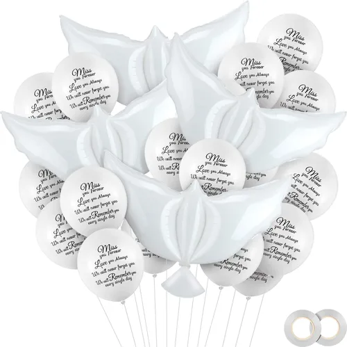Vista 14 de Skylety 36 globos conmemorativos con 4 globos de paloma de la paz para liberar en recuerdo del cielo, decoraciones de helio para funerales, Negro