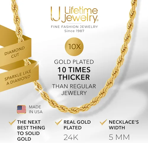 Vista 2 de LIFETIME JEWELRY 5mm White Gold Chain for Men & Women 24k Real Gold Plated Diamond Cut Gold Rope Chain for Men & Gold Chain Necklace Women 16 to 36