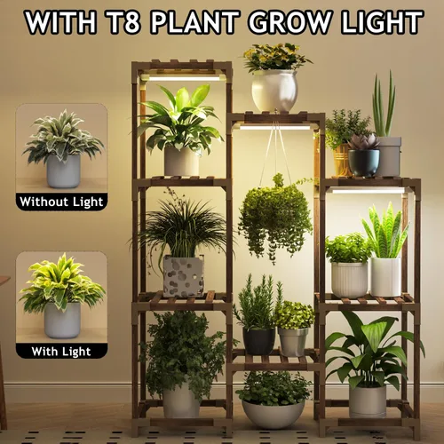 Vista 3 de HOMKIRT Soporte para plantas con luz de crecimiento, estante iluminado para plantas de interior para múltiples plantas, estante alto de madera
