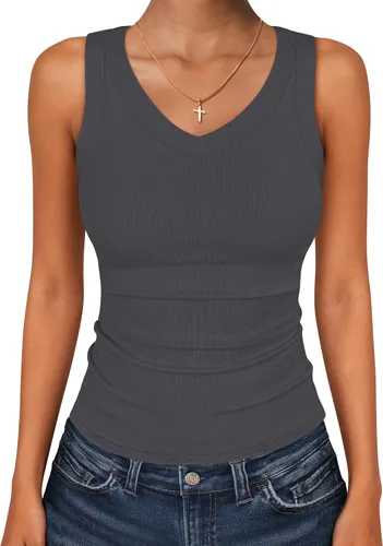 Vista 24 de ANRABESS Camisetas sin mangas para mujer, cuello en V, punto acanalado, ajustadas, sin mangas, básicas, ropa casual de verano 2026 Negro