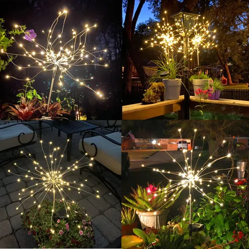 Vista 7 de JJGoo Luces solares para exteriores, fuegos artificiales, paquete de 2, 120 luces LED solares impermeables para exteriores, jardín, patio, valla