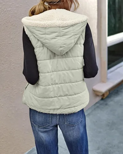 Vista 2 de Chaleco reversible de forro polar Sherpa para mujer, con cremallera completa, bloque de color cálido, sudadera con capucha y bolsillo