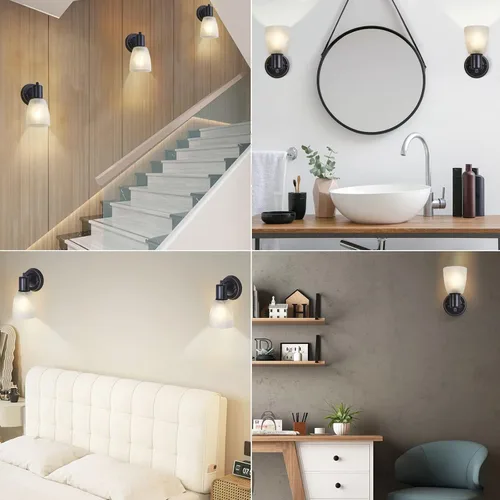 Vista 6 de Apliques de pared juego de 2, luces de tocador negras mate para baño, accesorios de luz de pared modernos con interruptor giratorio, luz de montaje