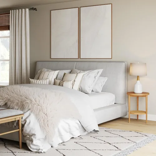 Vista 3 de Nathan James Sonia - Mesa auxiliar redonda de estilo boho, mesa lateral natural para sofá en madera clara con estante de almacenamiento de ratán