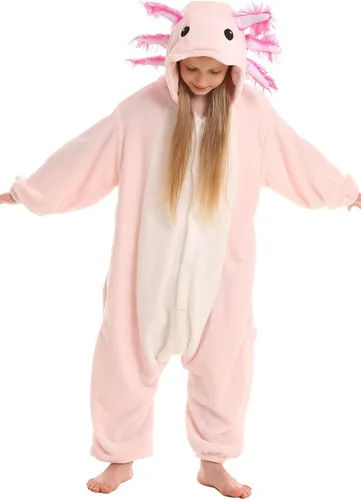 Vista 2 de DELEY Disfraz unisex de una pieza de ajolote teñido anudado para adultos, pijama de Halloween para mujeres y hombres