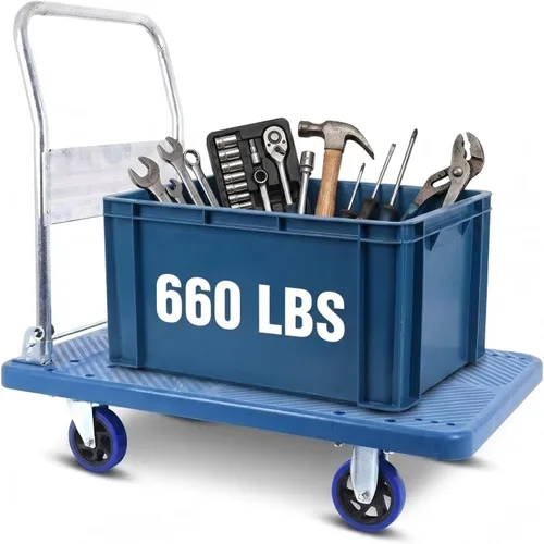 Vista 8 de Carrito pequeño de plataforma plana de 380 libras, carrito de plataforma plegable con ruedas giratorias, camión de mano con plataforma móvil