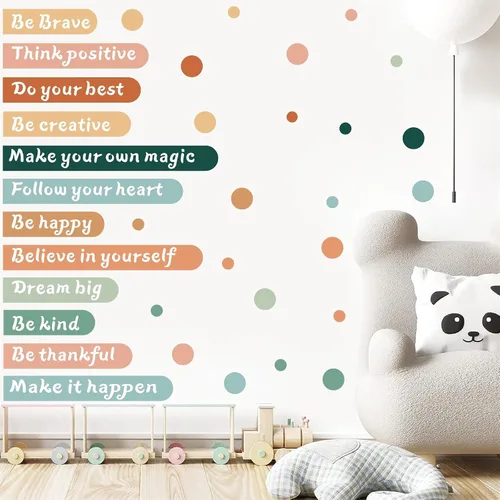 Vista 6 de Colorida calcomanía de pared inspiradora, citas motivacionales, calcomanías de pared con texto positivo para aula, diseño de lunares extraíbles