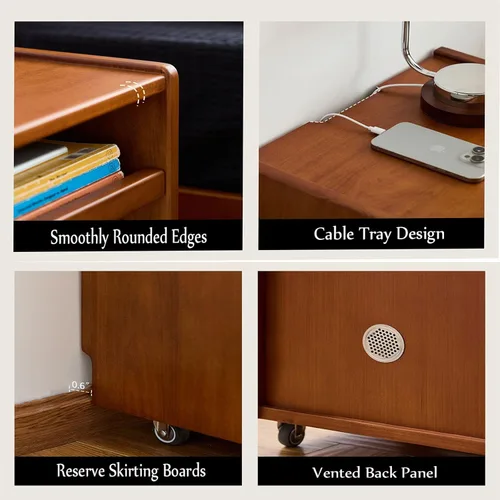 Vista 5 de Solid Wood Mobile Side Table with Wheels,Rolling Side Table with Storage,Unique Floating Design Storage Organizer for Bedroom, Living Room, Small