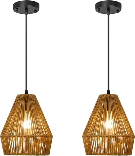 Vista 11 de Lámparas colgantes de ratán tejido de 6.7 pulgadas, paquete de 2 Toldo de madera de 6.7''+marrón