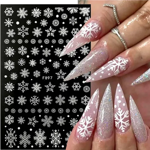 Vista 4 de 10 hojas de calcomanías de uñas de Navidad 3D con copo de nieve - Diseño de purpurina autoadhesiva blanca, decoraciones de invierno para Navidad