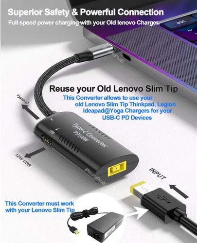 Vista 3 de PLUSPOE Adaptador USB C a punta delgada, PD3.0 carga rápida multipuerto para Lenovo Thinkpad, MacBook, Chromebook