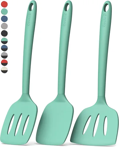 Vista 10 de Coukre Juego de 3 espátulas de silicona, resistentes a altas temperaturas, sin BPA, espátulas para pescado, mango sólido y ranurado para sartenes