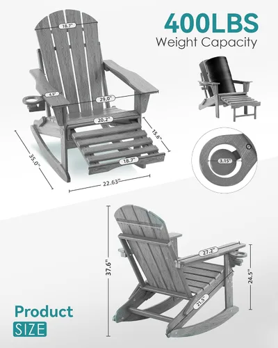 Vista 2 de Silla mecedora Adirondack ajustable con otomano retráctil, silla plegable multifuncional 4 en 1 para patio con portavasos, silla de exterior