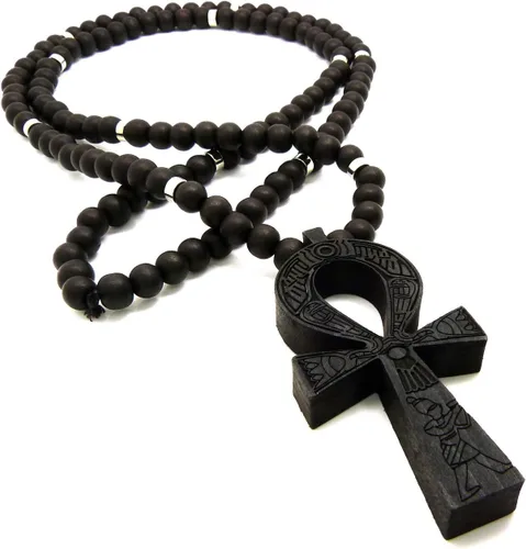Vista 6 de Collar de cuentas de madera de 0.315in de 0.315in de 35.8in con diseño de llave de vida de Egipto, color negro, marrón