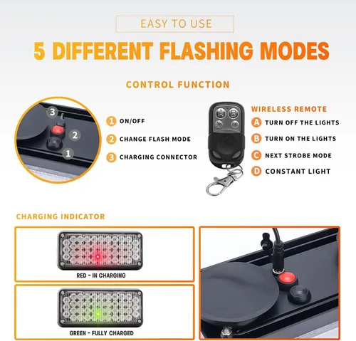Vista 4 de Luz estroboscópica intermitente magnética ámbar/verde, controlador W, luces LED de seguridad recargables a pilas, barra de luz de advertencia de 2