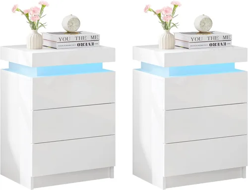 Vista 10 de TUKAILAi Mesita de noche con luz LED, moderna mesita de noche negra con tapa abatible, mesita de noche pequeña con 3 cajones de madera, mesa