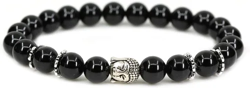 Vista 18 de Piedra preciosa natural con plata de ley 925 con cabeza de Buda de 0.315 in, cuentas redondas, pulsera elástica de 7 pulgadas Amatista