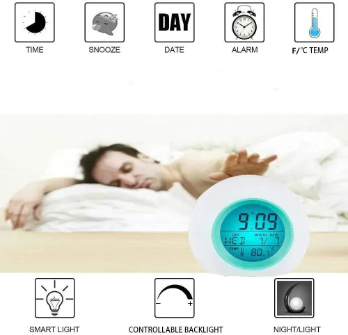 Vista 7 de Wisdom Link Reloj despertador digital para niños, luz nocturna de 7 colores, repetición, detección de temperatura para niños pequeños, niños