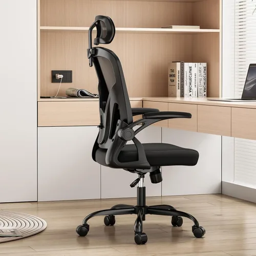 Vista 7 de Silla de oficina ergonómica, silla de escritorio para el hogar con reposacabezas ajustable y giratorio de 30°, soporte lumbar ajustable vertical