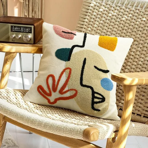 Vista 2 de Merrycolor Fundas de almohada abstractas de estilo bohemio coloridas con líneas de cara de mujer, lindas fundas de almohada estéticas de mediados