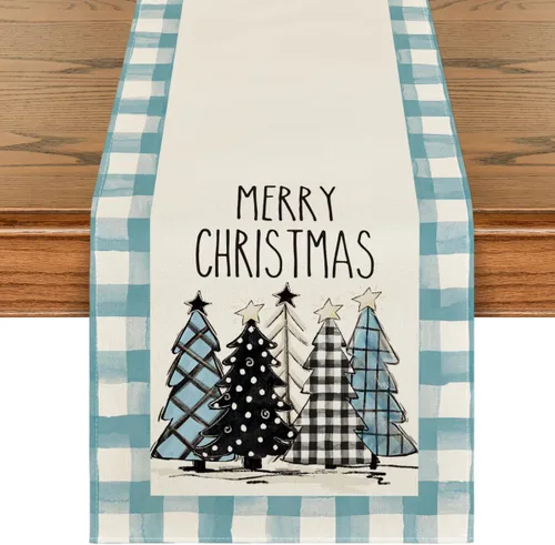 Vista 14 de Artoid Mode Acuarela a Cuadros Buffalo Árboles de Navidad Feliz Navidad Camino de Mesa, Decoración de Mesa de Cocina y Comedor de Temporada