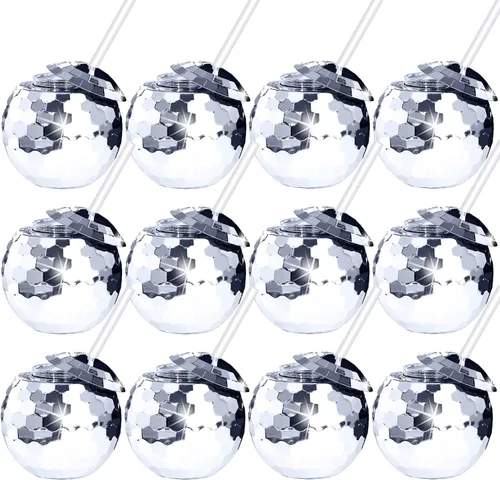 Vista 7 de 6 tazas de bola de discoteca esféricas plateadas, bola de disco flash, taza de cóctel, taza de cóctel con purpurina brillante con tapa y pajita