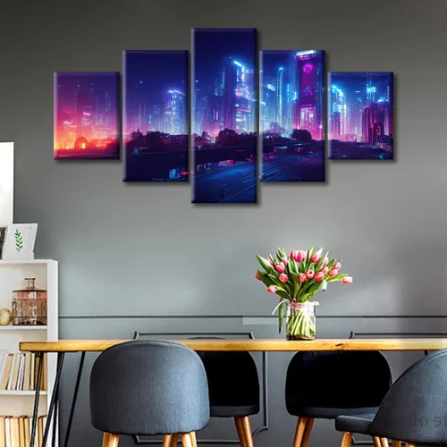 Vista 382 de Cuadros de 5 paneles de Cyberpunk City, arte de pared, representación de vallas publicitarias, edificios modernos en la capital con obras de arte