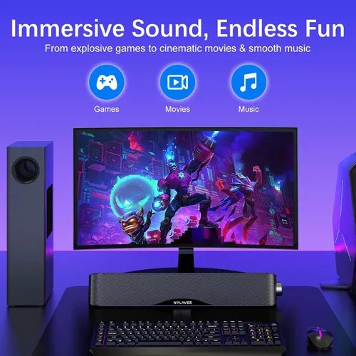 Vista 6 de Nylavee Altavoces de computadora con subwoofer, sistema de altavoces 2.1 para PC con Bluetooth 5.4 y entrada auxiliar de 3.5mm, potencia máxima