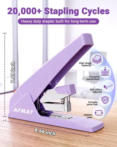 Vista 2 de AFMAT Engrapadora resistente ES18 - 100 hojas, 50% menos esfuerzo, más de Púrpura