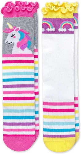 Vista 2 de Jefferies Socks Calcetines altos hasta la rodilla con volantes y rayas de unicornio unicornio para niña, paquete de 2