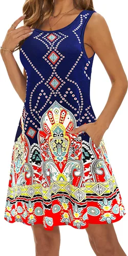 Vista 4 de Vestidos de verano para mujer, vestidos informales para la playa, salidas de baño, vestido acampanado y con vuelo, sin mangas, tipo camiseta