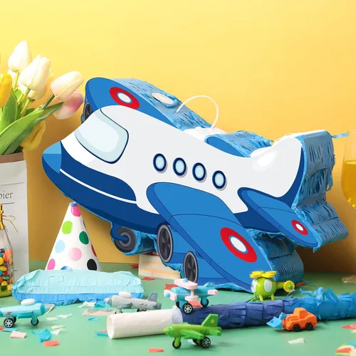 Vista 4 de Piñata de avión de 16.1 x 10.31 pulgadas, piñata patriótica roja, azul y blanca con palo para los ojos vendados, confeti, fiesta de cumpleaños
