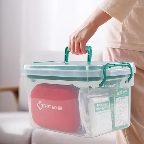 Vista 5 de Caja organizadora de medicina transparente de 15QT con asa, caja de primeros auxilios de plástico Recipiente para medicamentos con bandeja, baúl
