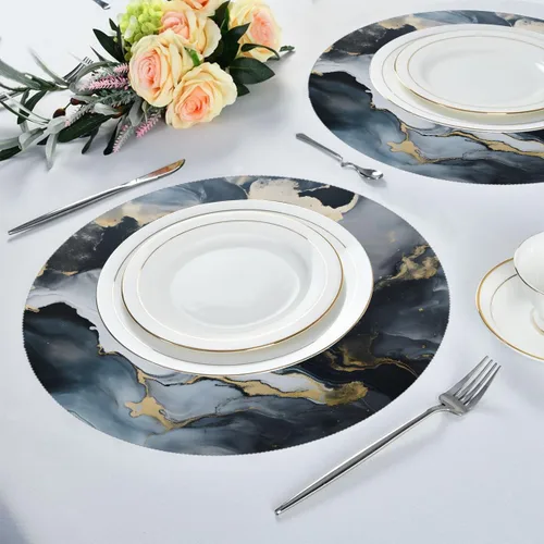 Vista 4 de Abstract Black Gold Marble Print Round Place Mats Set of 1, Heat Resistant Washable Placemats Polyester Round Table Mats for Kitchen Home Decor